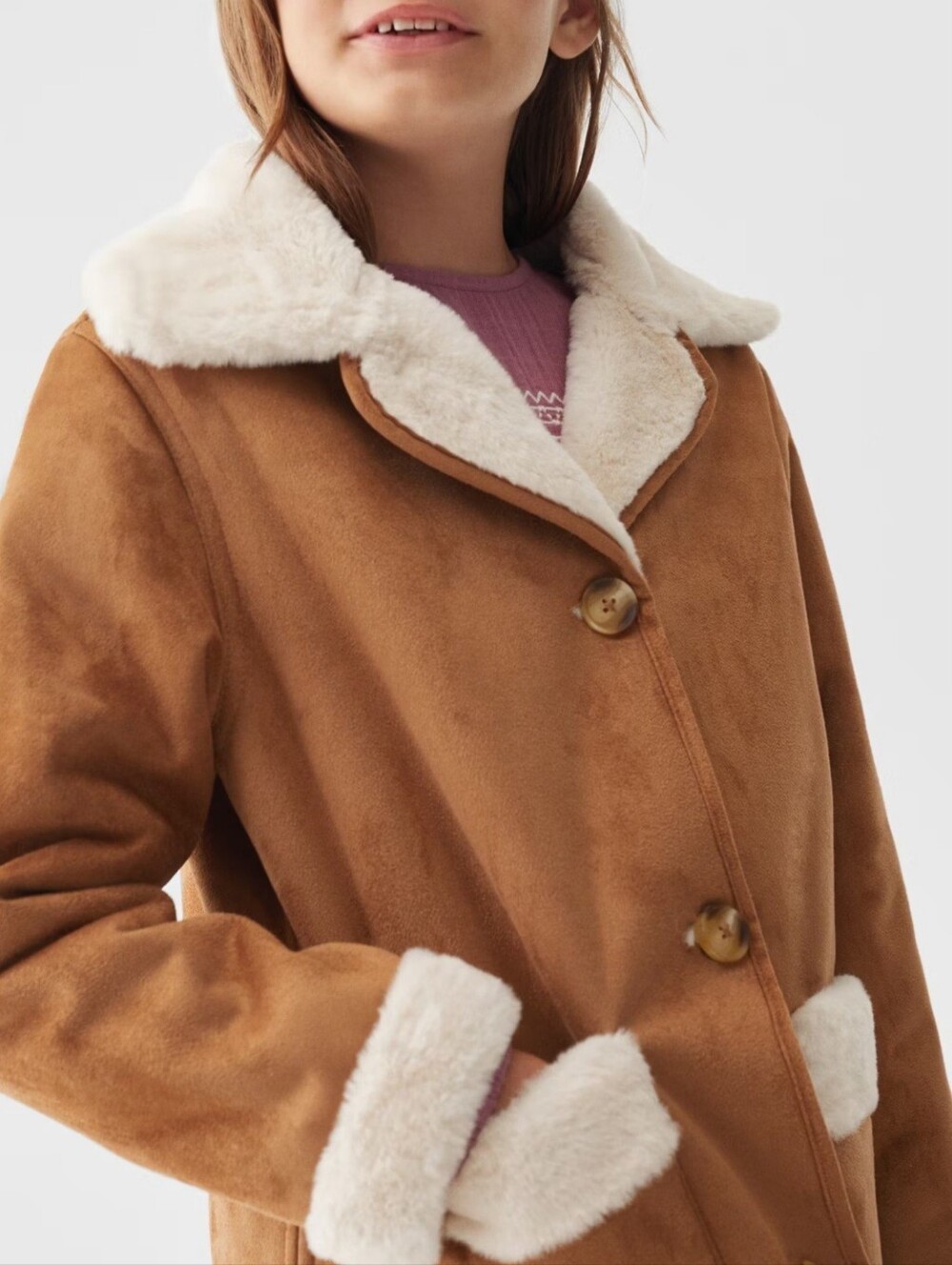 Mango Tan Teddy-Trim Kids Sherpa Jacket Size 8